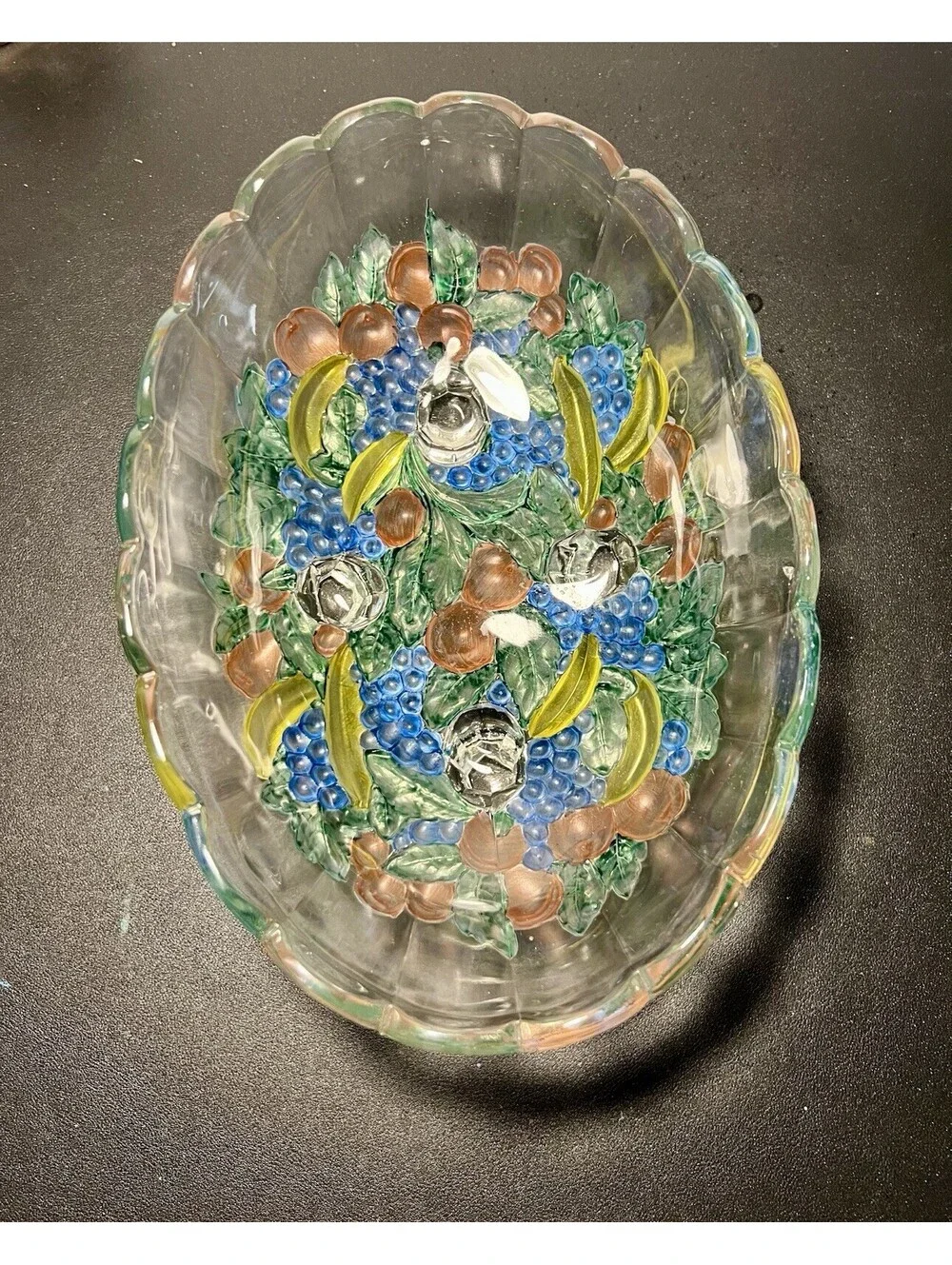 Indiana Glass 1960s Garland Flashed Fruit Oval Three-Footed Bowl, 12x8.5x4.5”